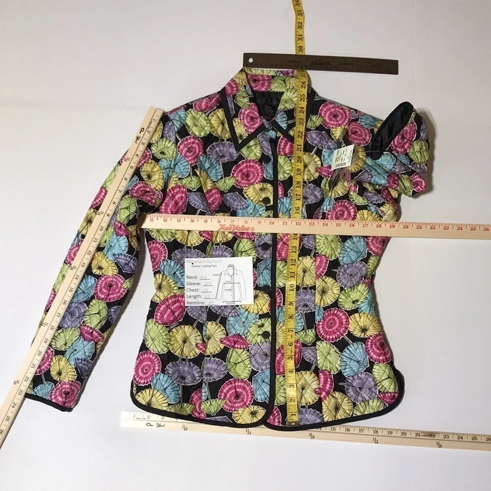 VTG—SILKLAND—Umbrella Print Silk Quilted Beaded Lined Button Up Jacket—Sz Small - Picture 15 of 16